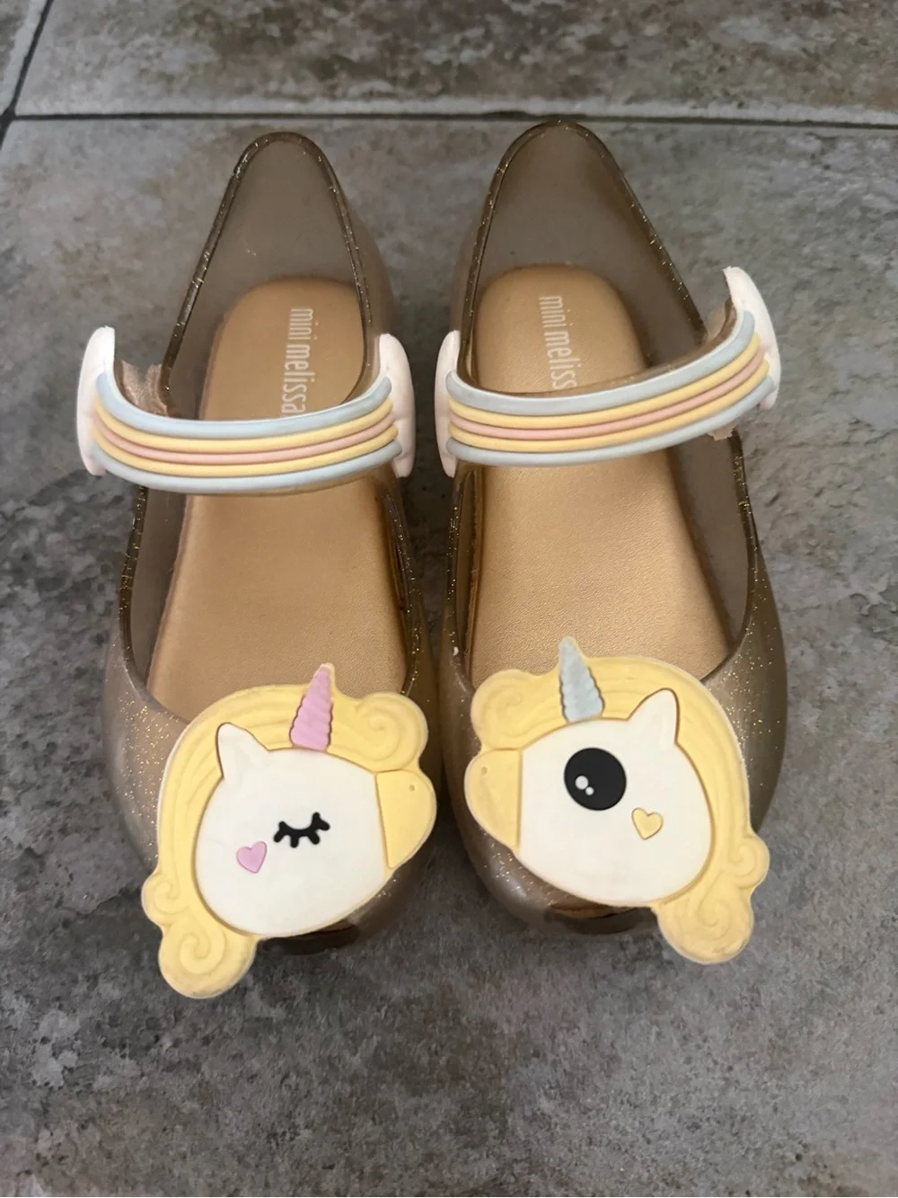 Mini Melissa Gold Unicorn Jelly Mary Jane Sandals with Pastel Strap
